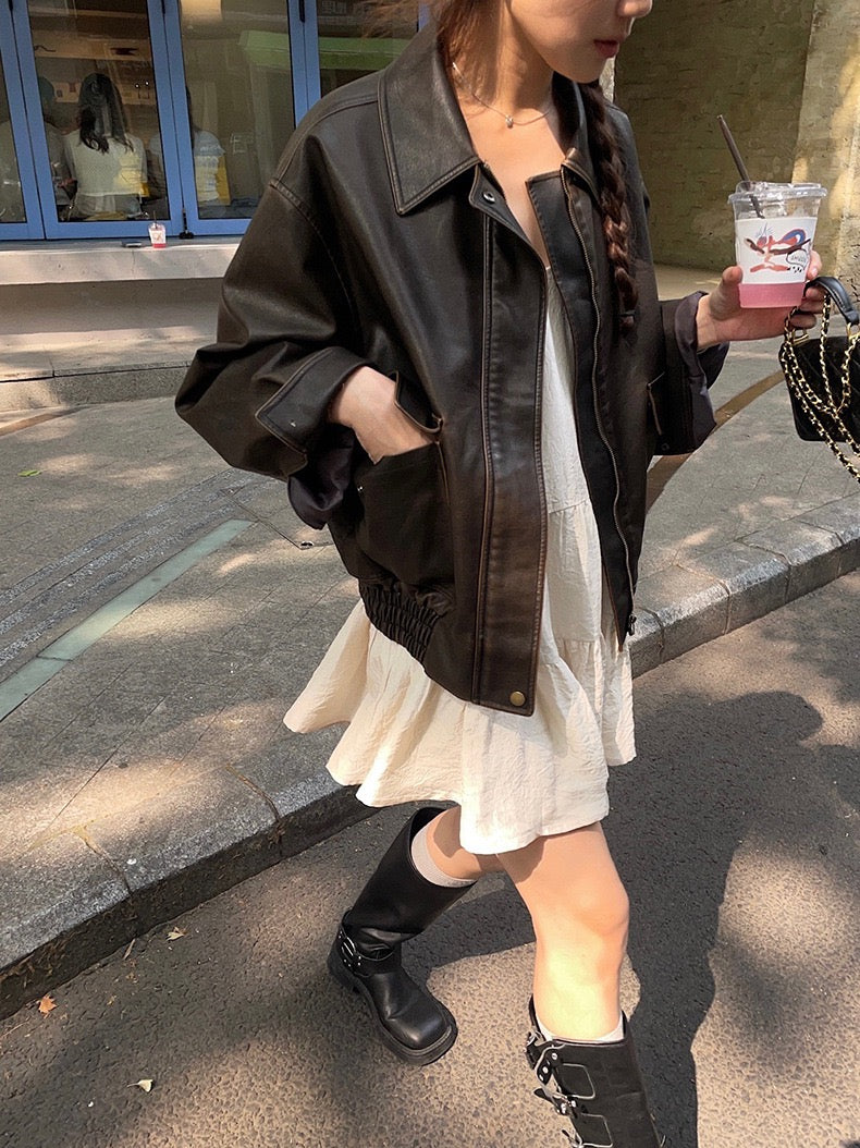 复古做旧宽松皮衣外套Vintage old loose leather jacket