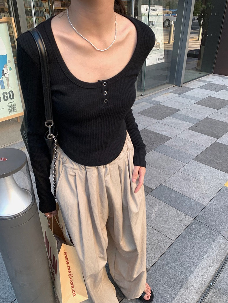 U领修身竹节棉打底上衣Bamboo Cotton Bottom Top