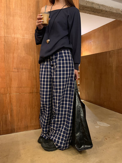 松弛感格子休闲高腰阔腿长裤Relaxed Plaid Casual High Waisted Wide Leg Trousers