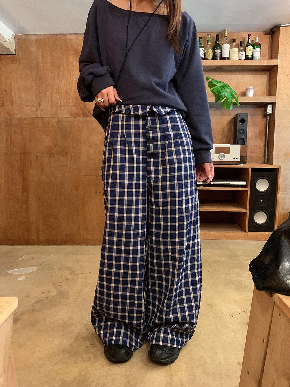 松弛感格子休闲高腰阔腿长裤Relaxed Plaid Casual High Waisted Wide Leg Trousers