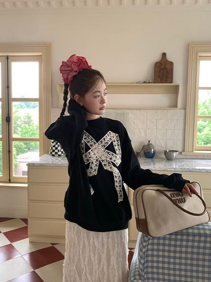 法式绝美蕾丝拼接蝴蝶结圆领卫衣French lace appliqué jumper