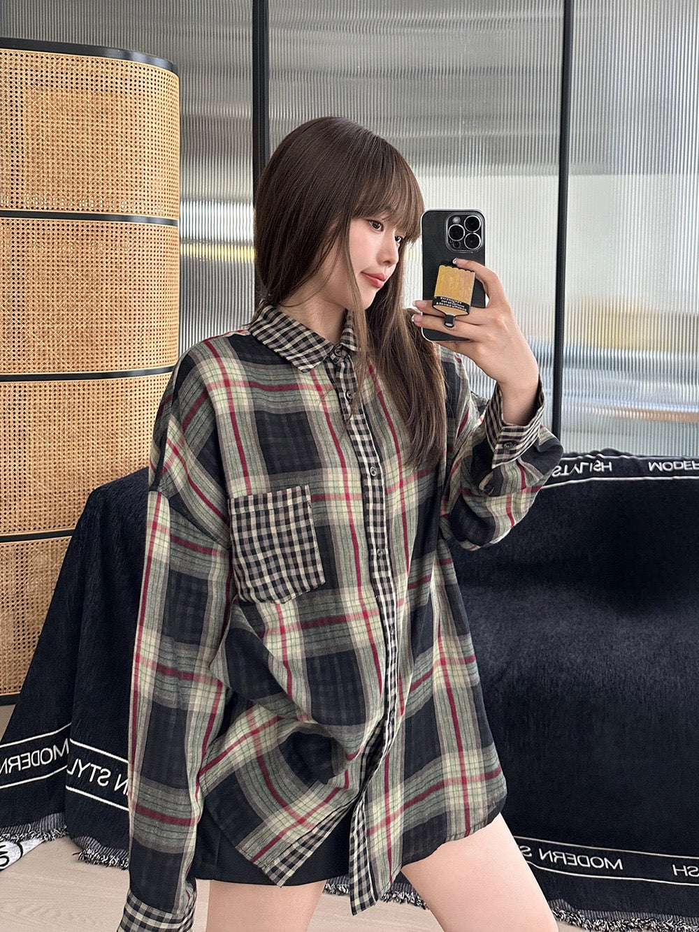 松弛慵懒长袖复古格纹衬衫Loose Vintage Check Shirt