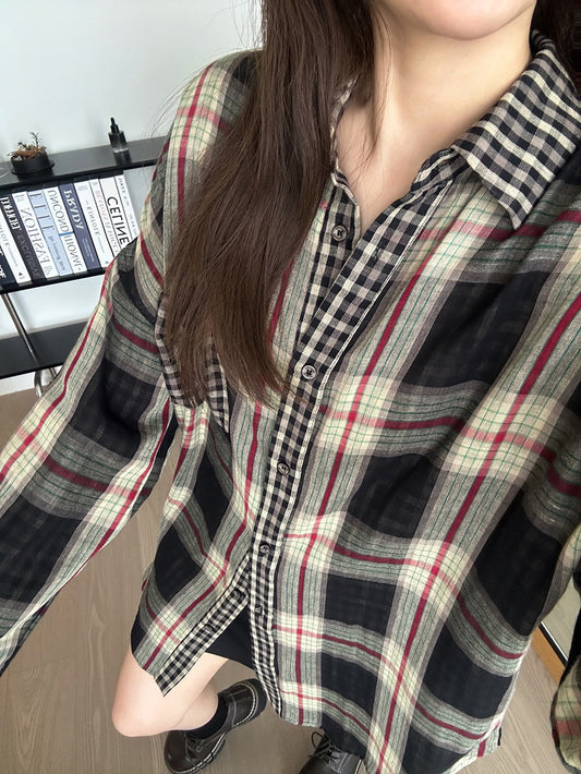 松弛慵懒长袖复古格纹衬衫Loose Vintage Check Shirt