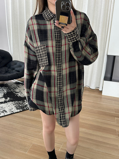 松弛慵懒长袖复古格纹衬衫Loose Vintage Check Shirt