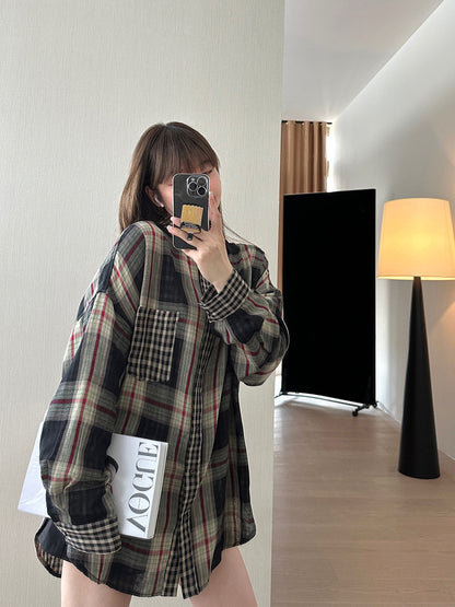 松弛慵懒长袖复古格纹衬衫Loose Vintage Check Shirt