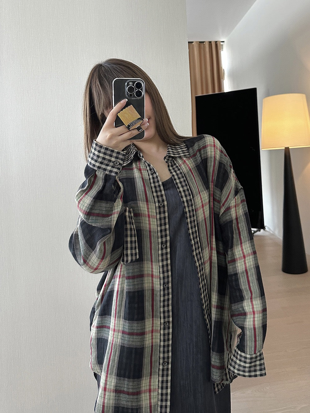 松弛慵懒长袖复古格纹衬衫Loose Vintage Check Shirt