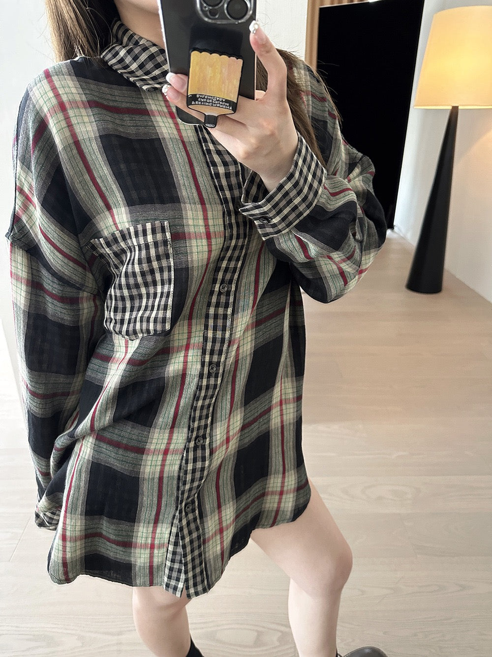 松弛慵懒长袖复古格纹衬衫Loose Vintage Check Shirt