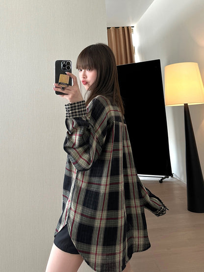 松弛慵懒长袖复古格纹衬衫Loose Vintage Check Shirt