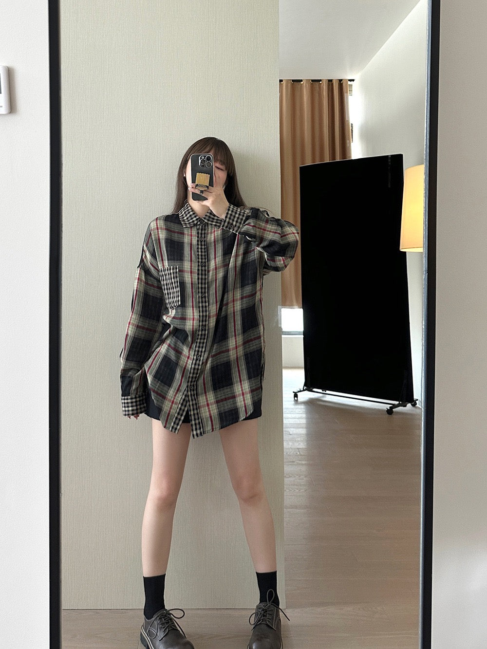 松弛慵懒长袖复古格纹衬衫Loose Vintage Check Shirt