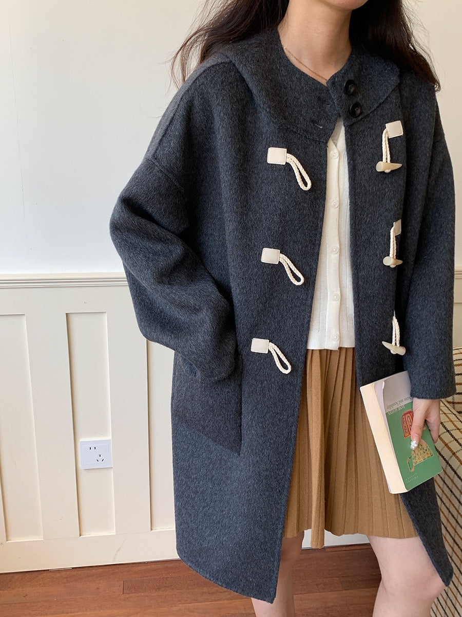 韩系学院风牛角扣蚕丝羊毛双面呢连帽大衣Korean button wool double-sided tweed coat