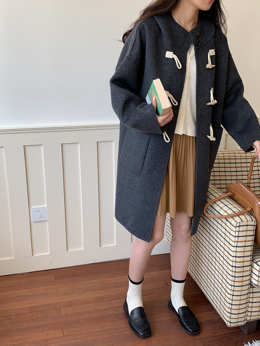 韩系学院风牛角扣蚕丝羊毛双面呢连帽大衣Korean button wool double-sided tweed coat