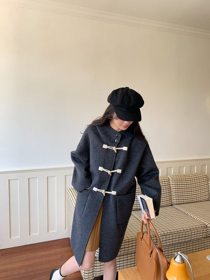 韩系学院风牛角扣蚕丝羊毛双面呢连帽大衣Korean button wool double-sided tweed coat