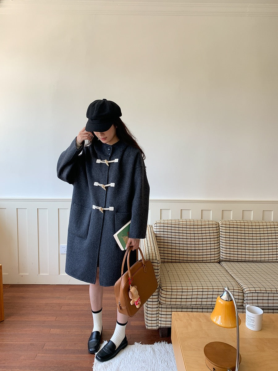 韩系学院风牛角扣蚕丝羊毛双面呢连帽大衣Korean button wool double-sided tweed coat