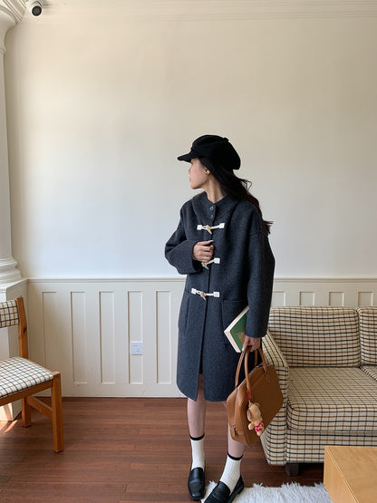 韩系学院风牛角扣蚕丝羊毛双面呢连帽大衣Korean button wool double-sided tweed coat