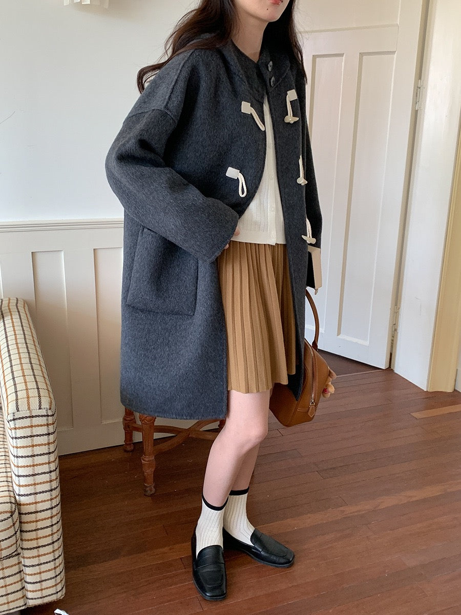 韩系学院风牛角扣蚕丝羊毛双面呢连帽大衣Korean button wool double-sided tweed coat