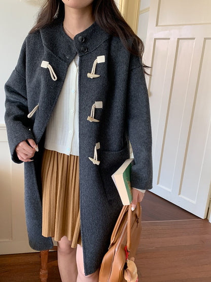 韩系学院风牛角扣蚕丝羊毛双面呢连帽大衣Korean button wool double-sided tweed coat