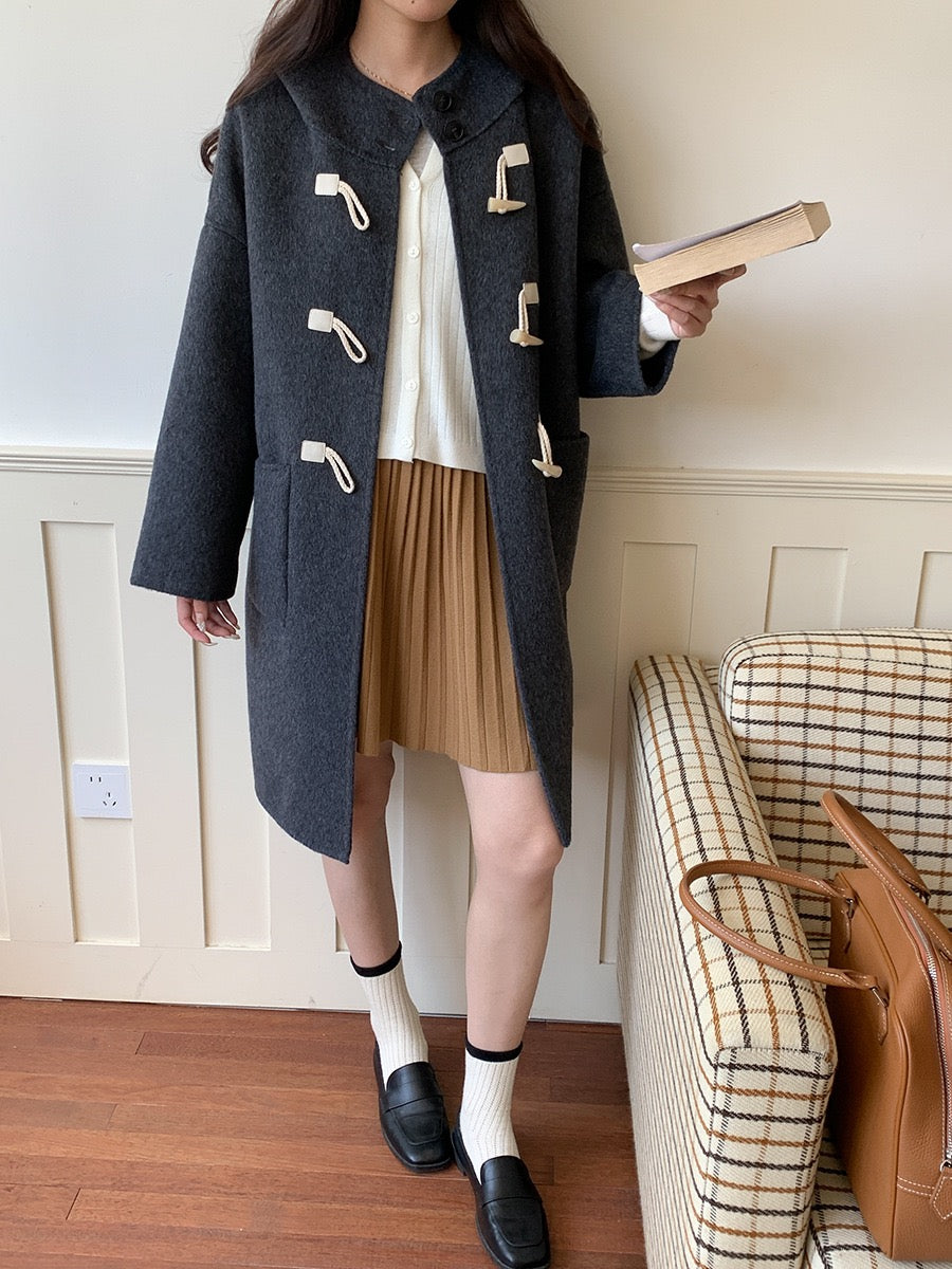 韩系学院风牛角扣蚕丝羊毛双面呢连帽大衣Korean button wool double-sided tweed coat