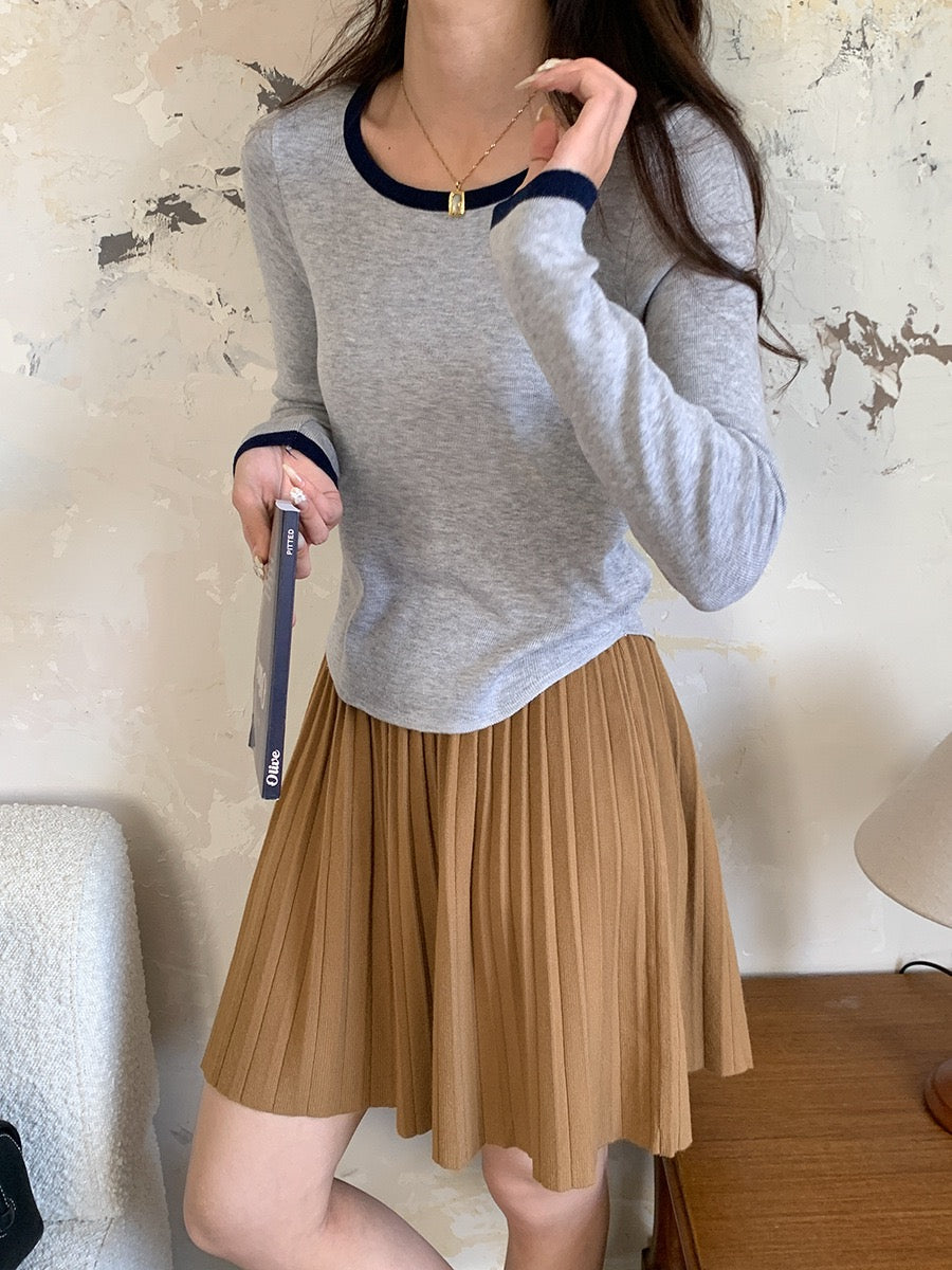 叠搭优等生/学院风高腰A字百褶针织短裙College Style Pleated Knit Skirt