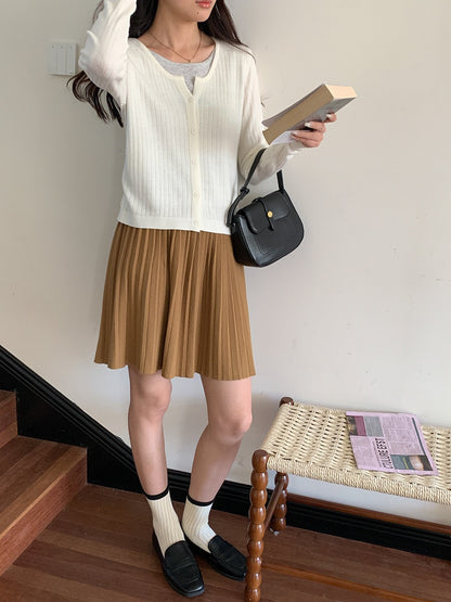 叠搭优等生/学院风高腰A字百褶针织短裙College Style Pleated Knit Skirt