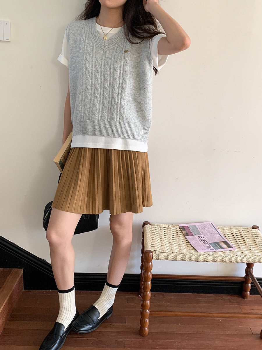 叠搭优等生/学院风高腰A字百褶针织短裙College Style Pleated Knit Skirt