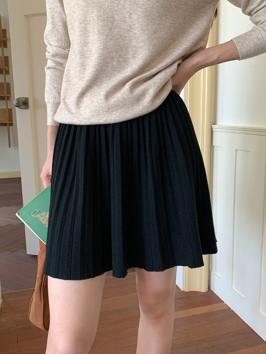 叠搭优等生/学院风高腰A字百褶针织短裙College Style Pleated Knit Skirt