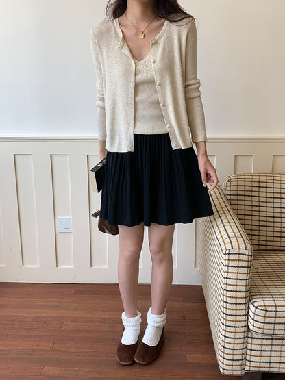 叠搭优等生/学院风高腰A字百褶针织短裙College Style Pleated Knit Skirt