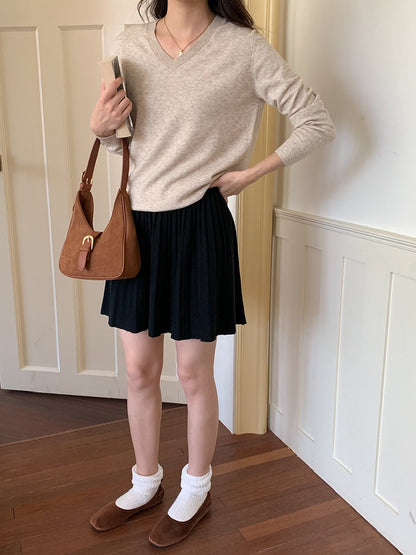 叠搭优等生/学院风高腰A字百褶针织短裙College Style Pleated Knit Skirt