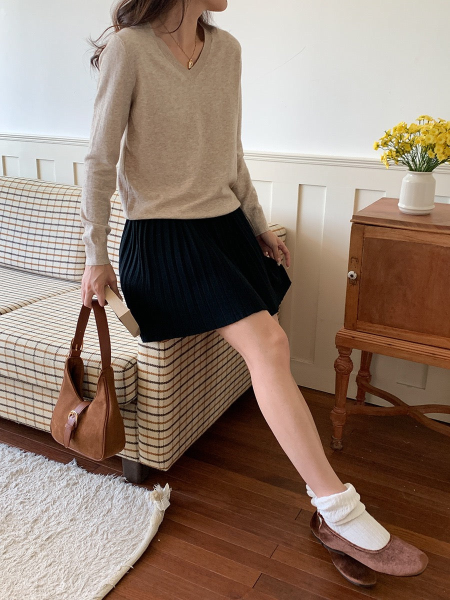 叠搭优等生/学院风高腰A字百褶针织短裙College Style Pleated Knit Skirt