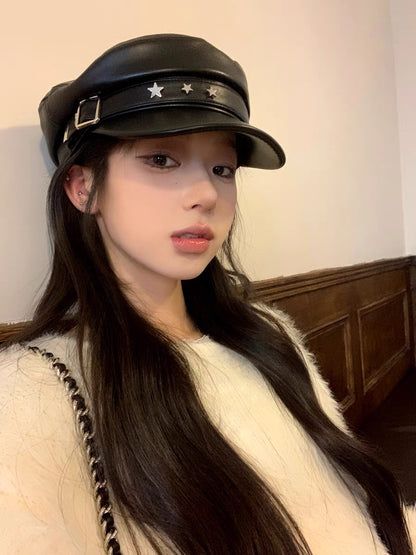 星星元素PU皮贝雷帽Star Element PU Leather Beret