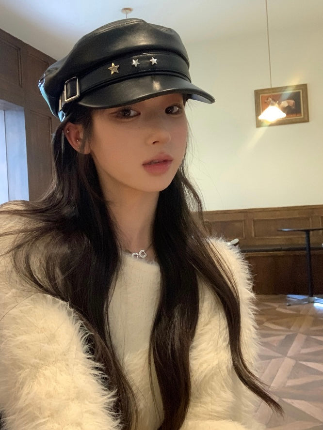 星星元素PU皮贝雷帽Star Element PU Leather Beret