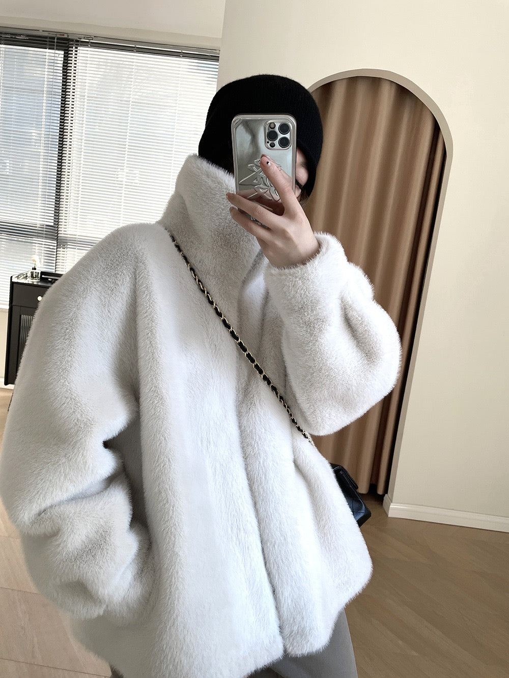 日光雾凇 仿水貂外套High collar fur mink coat