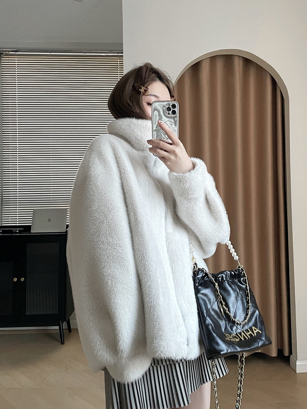 日光雾凇 仿水貂外套High collar fur mink coat