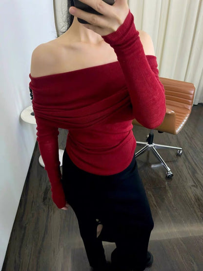 四色纯欲一字肩毛衣Off Shoulder Knit Top