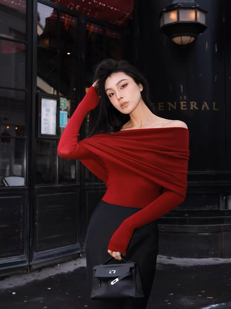 四色纯欲一字肩毛衣Off Shoulder Knit Top