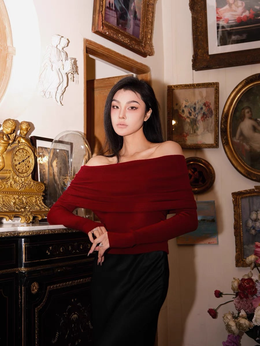 四色纯欲一字肩毛衣Off Shoulder Knit Top