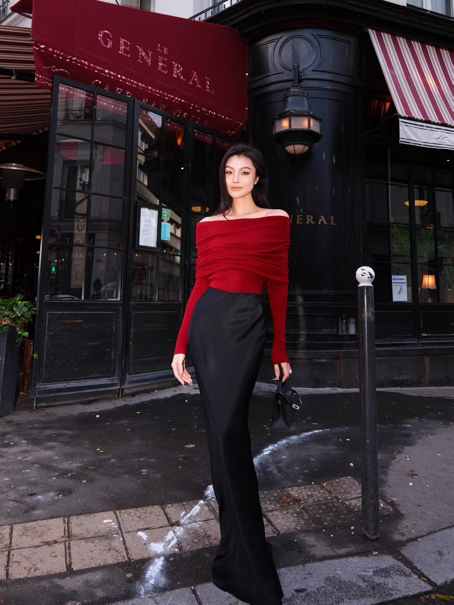 四色纯欲一字肩毛衣Off Shoulder Knit Top