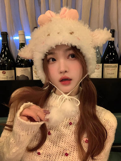 小羊咩咩毛绒毛球帽Sheep Pom Hat