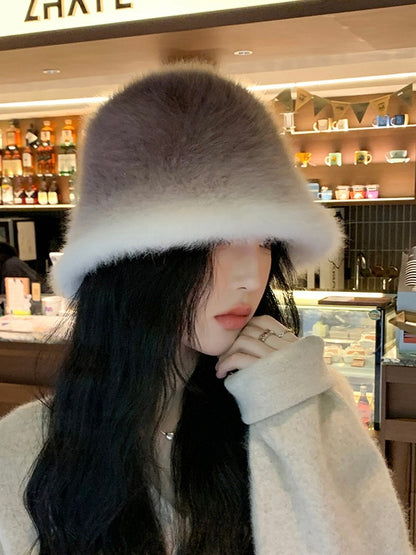 冬季棕色渐变兔毛盆帽Gradient Rabbit Fur Hat