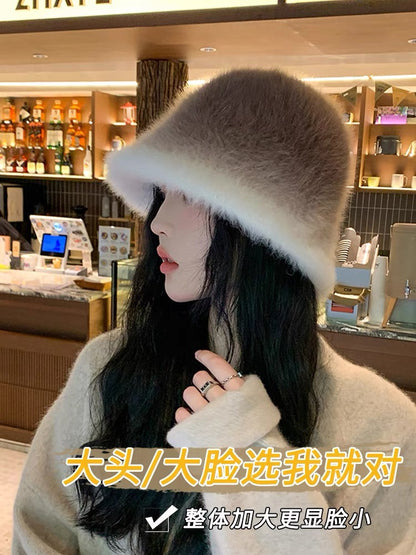 冬季棕色渐变兔毛盆帽Gradient Rabbit Fur Hat