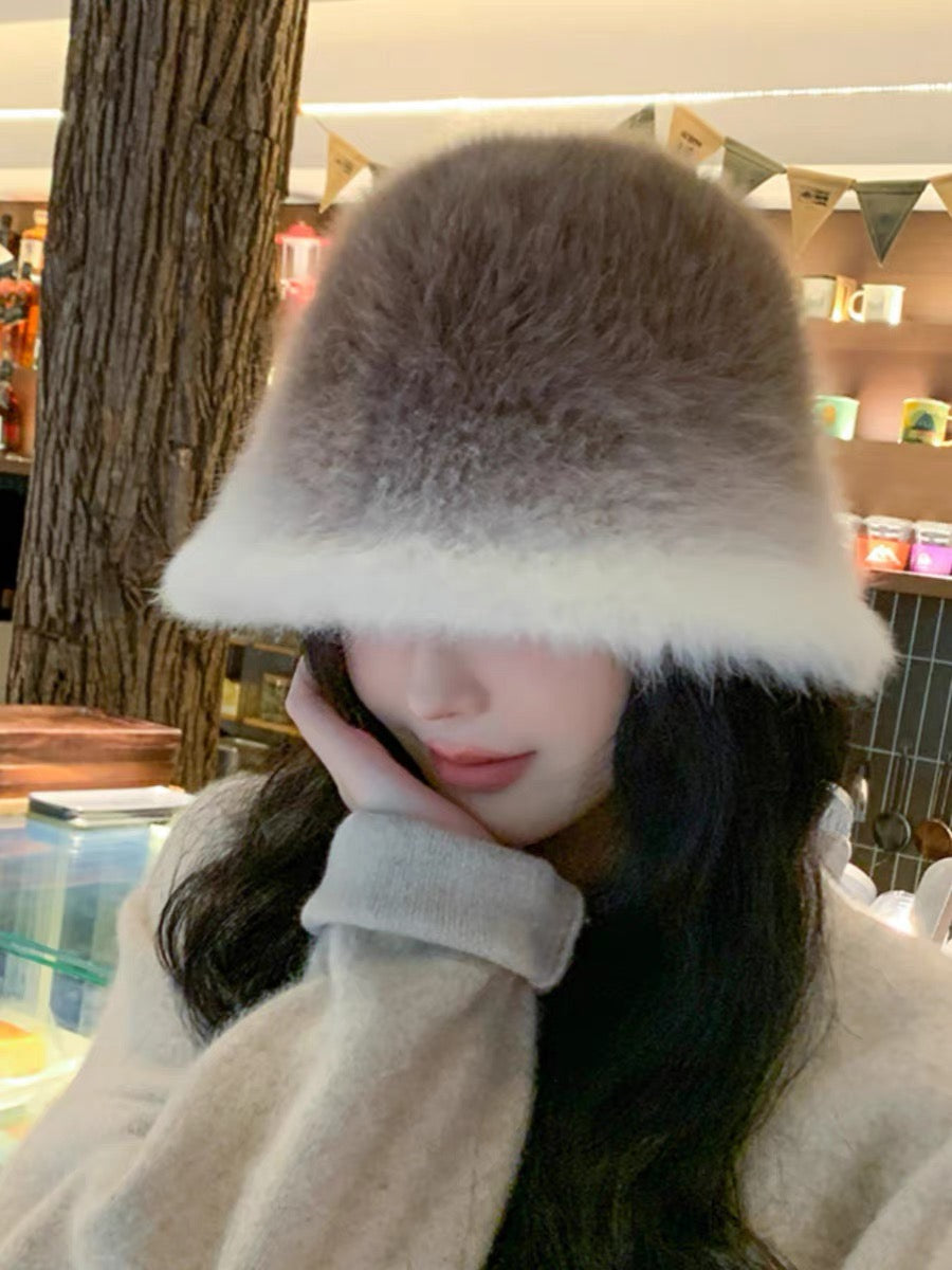 冬季棕色渐变兔毛盆帽Gradient Rabbit Fur Hat