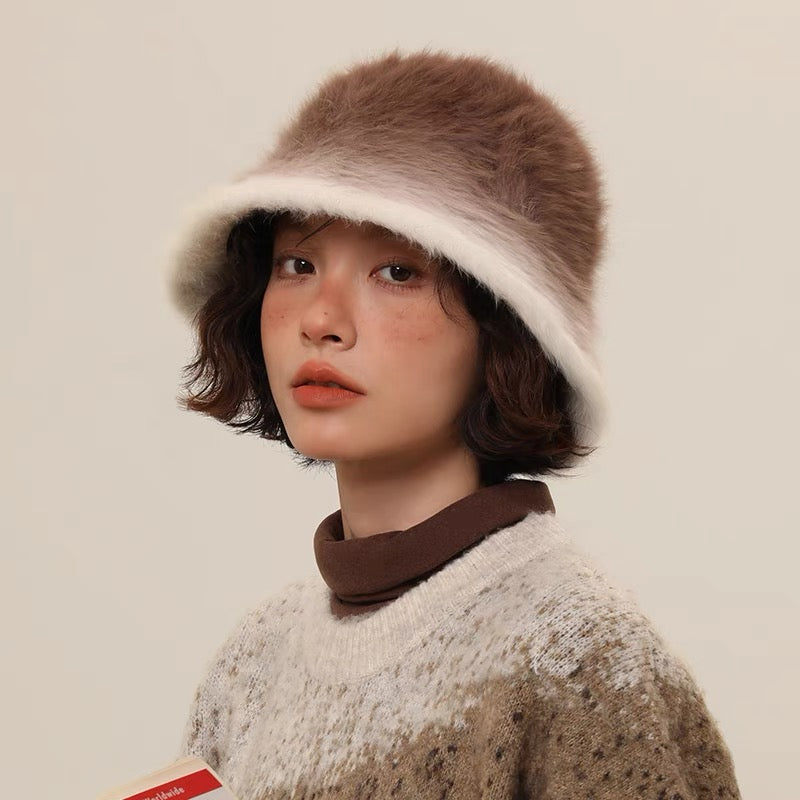 冬季棕色渐变兔毛盆帽Gradient Rabbit Fur Hat