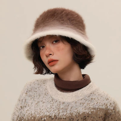 冬季棕色渐变兔毛盆帽Gradient Rabbit Fur Hat