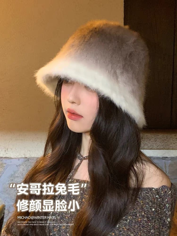 冬季棕色渐变兔毛盆帽Gradient Rabbit Fur Hat