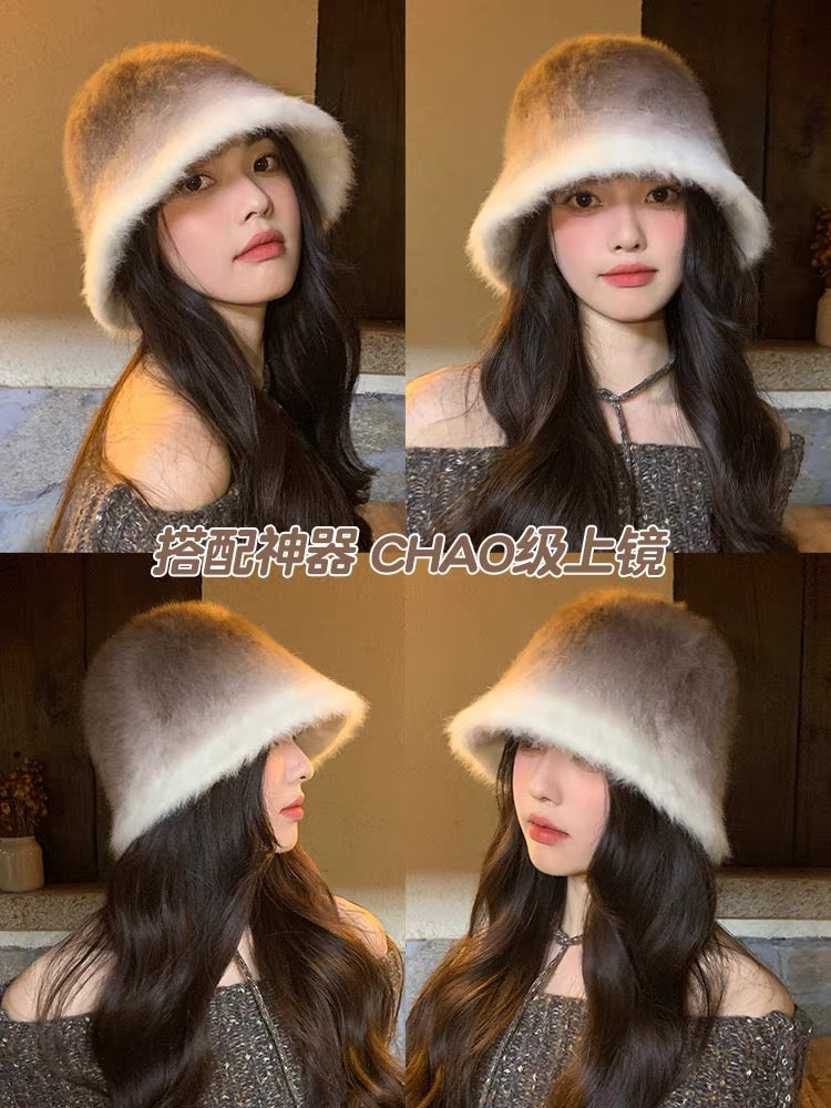 冬季棕色渐变兔毛盆帽Gradient Rabbit Fur Hat