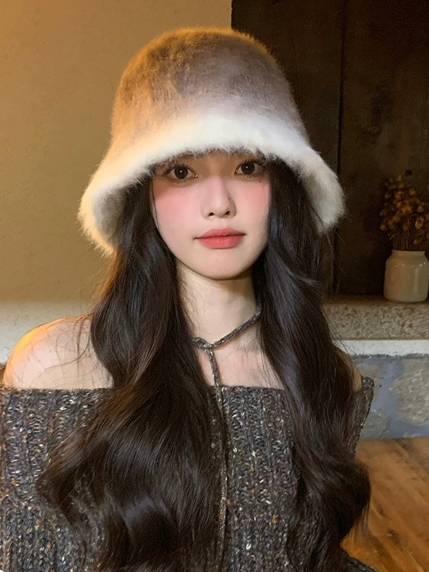 冬季棕色渐变兔毛盆帽Gradient Rabbit Fur Hat