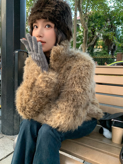 10%OFF_高级感棕色短款皮草外套High-collar fur one short fur coat