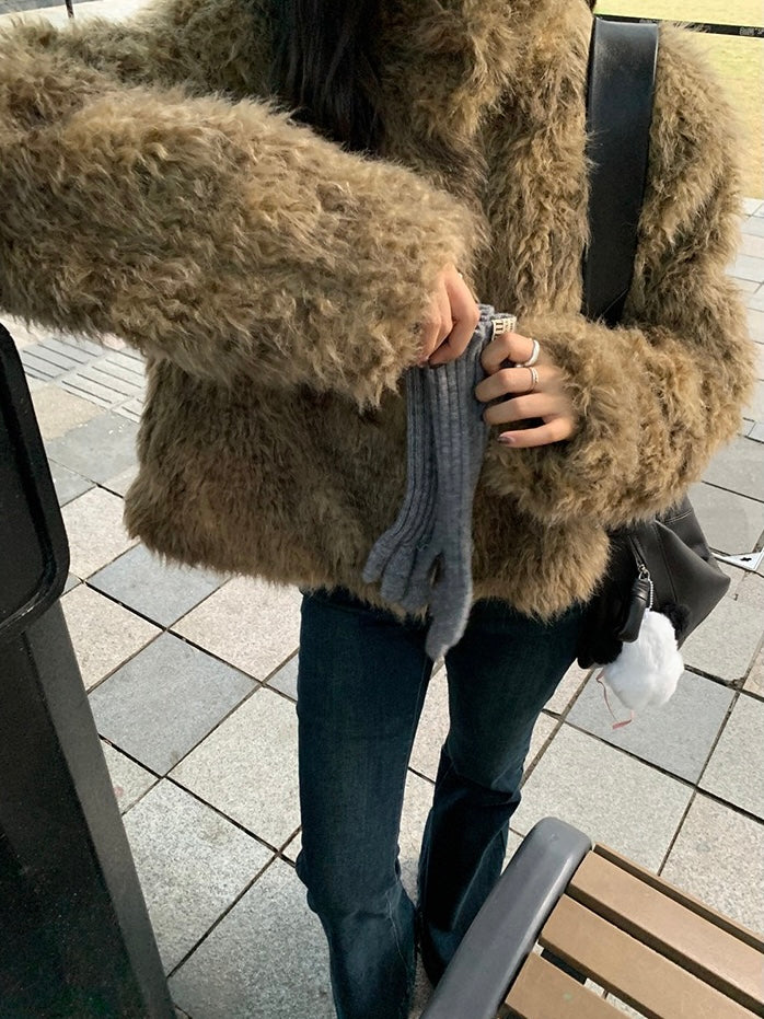 10%OFF_高级感棕色短款皮草外套High-collar fur one short fur coat