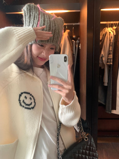 韩系复古笑脸翻领毛衣外套Korean Retro Smiley Sweater Coat