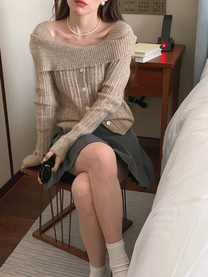 卡其/红色/灰色 慵懒风一字肩开衫One-shoulder cardigan