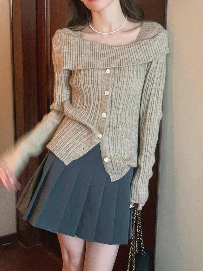 卡其/红色/灰色 慵懒风一字肩开衫One-shoulder cardigan